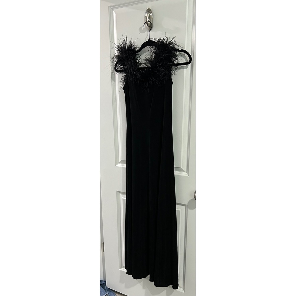 Jeffrey & Dara Womens Feather Trim Maxi Gown Acetate Spandex 8 Black Dress